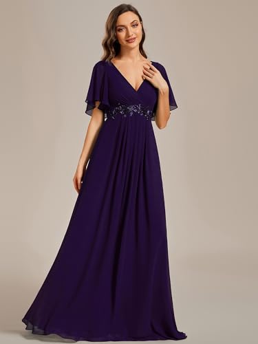 Image of Ever-Pretty Womens V Neck Applique Mother of the Bride Dresses Formal Dress | Chiffon, Short Sleeves, Ruched, A-Line, Bridesmaid Dresses, Formal Gown, Black Tie Dress