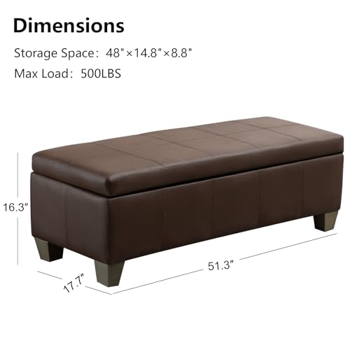 Image of 51 Inch Storage Ottoman, Storage Bench with Safety Hinge, Upholstered Synthetic Leather Ottoman Bench for Bedroom, Living Room, Entryway, Hallway, Foot Rest, Support 500lbs, Brown