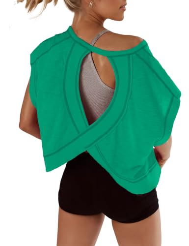 Open Back Tops for Women Oversized Short Sleeve Workout T Shirts Backless Y2k Athletic Crop Running Tees(KellyGreen,S)