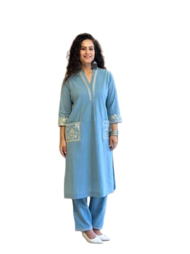 Image of Womens Cotton Slub 3 /4 Sleeves V Neck Co-Ord Set Featuring Floral Print Design On The Hem of The Sleeves and On The Pockets 2 Piece Ethnic Wear