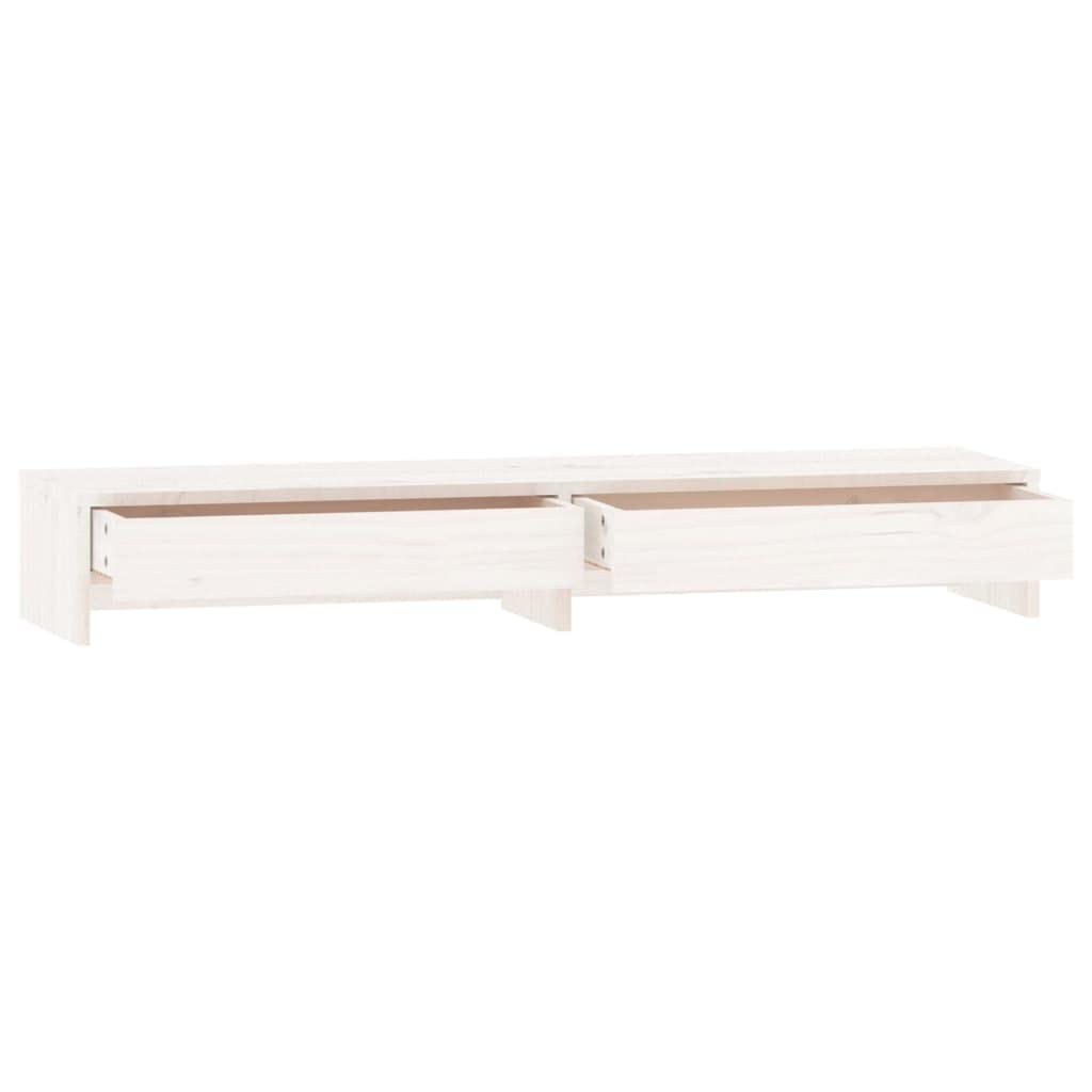 Supporto per monitor in legno di pino, supporto da scrivania con 2 cassetti, bianco, 100 x 27 x 15 cm, rialzo per monitor per ufficio e home office
