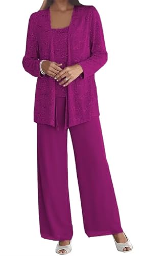 3 Pieces Mother of The Bride Pant Suits with Jacket for Wedding Lace Formal Dressy Outfits KW014 Plum