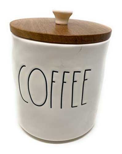 Rae Dunn COFFEE White Ceramic Canister with Wood Lid and Ceramic Knob