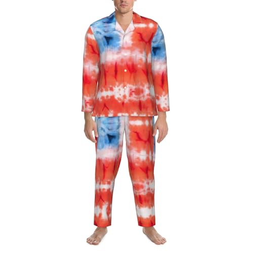 Tie Dyed Of America Flag Mens Pajamas Set Button Down Sleepwear Set Long Sleeve Loungewear With Pockets
