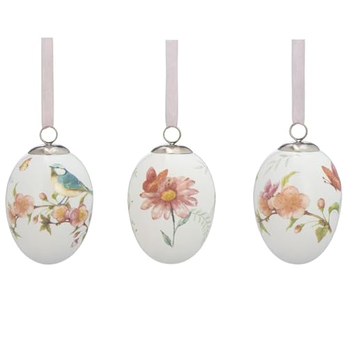 H.Bauer jun. kleine weiße Keramik Deko Eier - Bunte Motiv-Eier mit Blumen & Vögeln Bedruckt 5 x 7 cm zum Aufhängen - 3-teiliger Oster- oder Frühlingsschmuck für Bäume, Sträucher, Fenster oder Türen