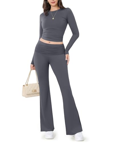 Image of ZOOSIXX Lounge Sets for Women - 2 Piece Outfits Crop Tops with Fold Over Flare Leggings Fall Loungewear Fitted Pajama