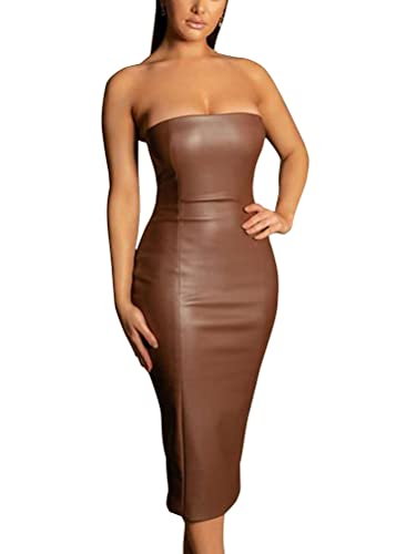Seiveini Robe de Cuir PU Courte Femme - Club, Soirée, Cocktail Sexy Bodycon Sans Manche Neckholder Rockabilly Clubwear - Marron M