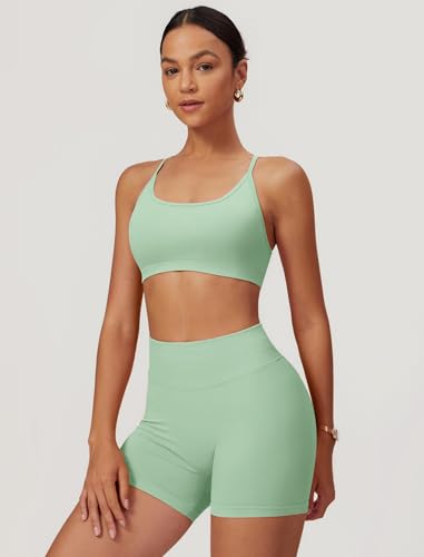Women Seamless 2 Piece Workout Matching Sets Criss Cross Back Sports Bra High Waist Booty Shorts for Yoga Gym Palm Green XL — view 2