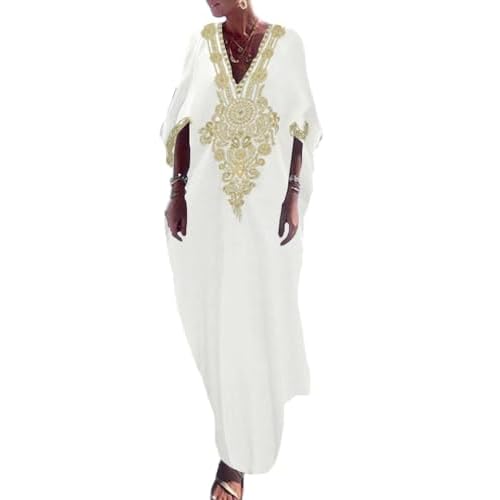 Bsubseach Gold Embroidery Long Kaftan Dresses V Neck Caftan Dress Beach Cover Ups for Women Embroidery X-white