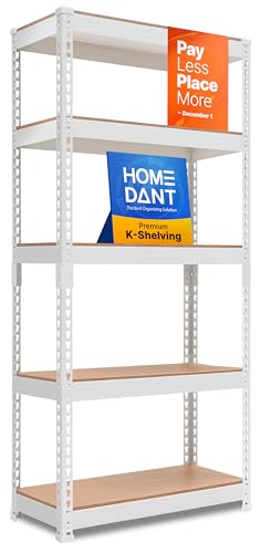 HOMEDANT 5 Tier Laminated White Boltless Metal Shelving Unit Adjustable Garage Storage Utility Rack Heavy Duty Shelves Organization Multipurpose Shelf Warehouse Pantry 28' W x 12.3' D x 59.5' H 1Pack