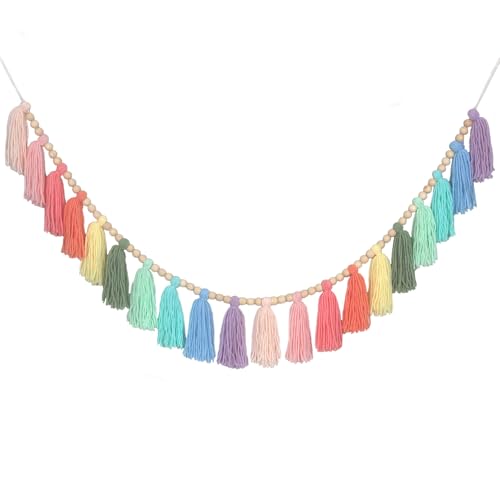 Tasruwat Rainbow Pastel Yarn Wood Bead Tassel Garland Wall Hanging Decor Boho Preppy Bunting Banner Tassels for Spring Easter Nursery Classroom Birthday Party Baby Shower Kids Bedroom Decorations