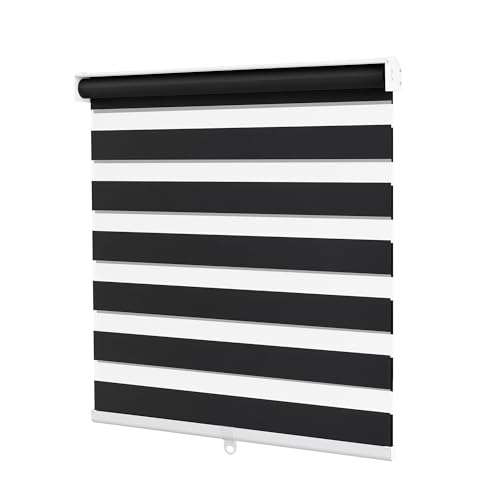 CLAIREHAN Zebra Blinds Blackout & Light Filtering Light Control Window Privacy Roller Blinds Cassette Manual Day Night Dual Layer Window Shades Easy to Install, Black, 24" W X 47" H