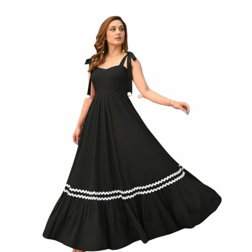 Image of Women's Elegant Long Maxi Gown with Shoulder Ribbon Tie-Up, Stylish & Trendy - Fit and Flare Sleeveless Square Neckline Western Dress, Casual Dress for Women