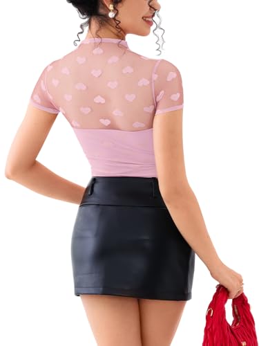 Image of REORIA Women's Sexy Mock Turtle Neck Short Sleeve Shirts Sheer Mesh Ruched Trendy Going Out Bodysuits Tops