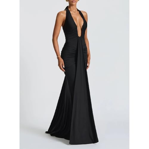 Women Deep V Neck Ruched Maxi Dress Sleeveless Halter Gown Cocktail Evening Formal Dresses3