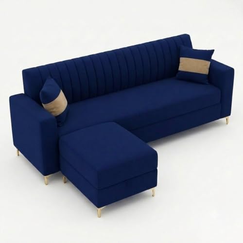 Image of FURNY Signature Regalia 4-Seater L-Shape Sofa Set with Movable Ottoman | Flexible LHS /RHS Layout | Boston Fabric | 40D Foam + Zigzag Spring | 3-Yr Warranty (Midnight Blue & Warm Beige)
