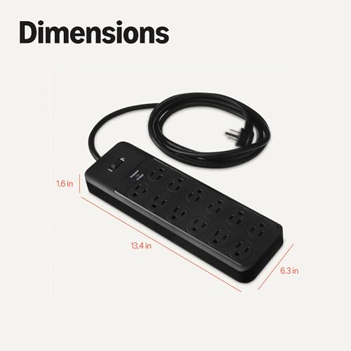Image of Amazon Basics 12-Outlet Surge Protector Power Strip, 4000 Joules, 8ft Extension Cord, Rectangle, for Home, Office, Gaming Room, Black (Pack of 2)