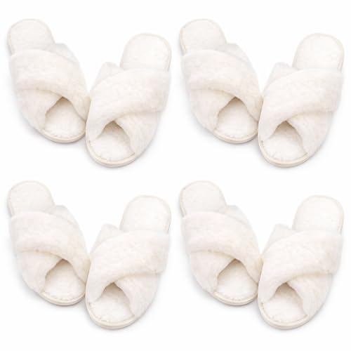 Newcotte 4 Pairs Womens Fuzzy Slippers Bridesmaid Slippers Open Toe Cross Band Plush Furry House Soft Fluffy Cozy(White 7-8)