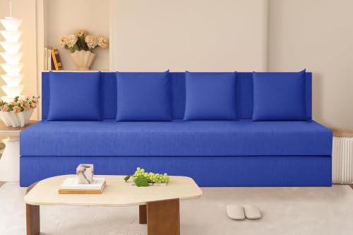 Image of Rosebell Lightweight Easy Four-Person Sofa Cum Bed Jute Fabric- Washable Cover- Including Cushion - Size 6' X 6' Feet | Color - Blue | Perfect for Home & Office