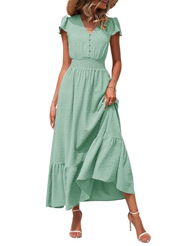Image of CzzzyL Women Nursing Boho Maxi Dresses Cap Short Sleeve V Neck Swiss Dot High Waisted A-Line Ruffle Tiered with Pockets
