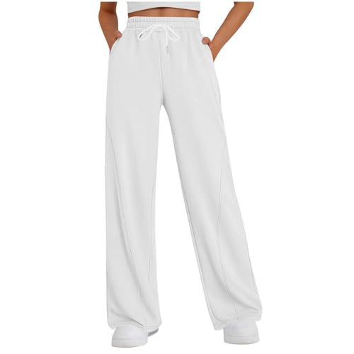 Image of Women's High Waisted Straight Leg Joggers with Pockets, Elastic Drawstring,Soft Cotton-Poly Blend | high-Waisted Loose fit | Elastic Drawstring Waist | Side Pockets | Ideal for Casual & Lounge White