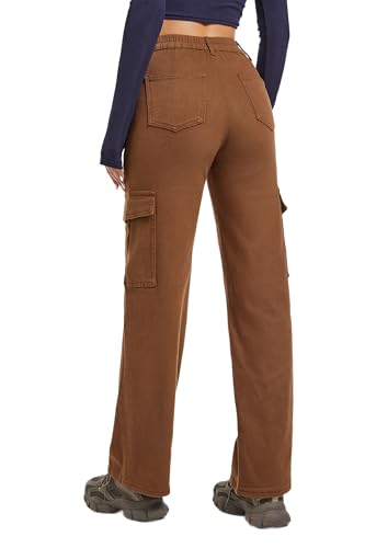Aodrusa Brown Pants for Women High Waisted Stretch Straight Leg Cargo Pants with Pockets Trendy Trousers2