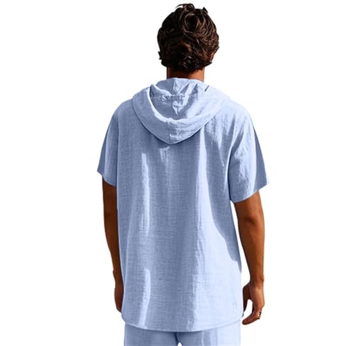 Mens Linen Hooded Shirts Summer Loose Fit Breathable Lightweight Casual Tshirt Outdoor Beach Button Short Sleeve Tops4