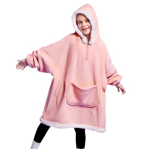 Giggling Getup Wearable Blanket Hoodie for Girls and Boys Sherpa Fleece Hooded Blanket Sweatshirt Warm Cozy Sherpa Wearable Throw Oversized Hoodie with Giant Pocket & Sleeves for Kids Pink