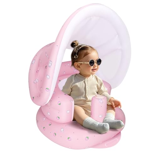 Image of AirSwim Inflatable Baby Seat with Detachable Canopy and Built-in Pump, Inflatable Baby Chair for Babies 3 Months and Up, Sit Me Up Chair for Outdoor Indoor, Bumbo Seat for Infants, Strawberry