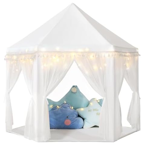 Monobeach White Princess Tent Girls Tassel Decor Large Playhouse Kids Castle Play Tent with Star Lights Toy for Children Indoor and Outdoor Games, 55'' x 53'' (White Princess Tent with Tassel) Cover