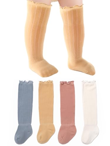Formery Baby Girls Boys Knee High Socks Ruffled Baby Long Sock Cotton Solid Color Frilly Infant Stockings for 0-12 Months (4-Pairs)