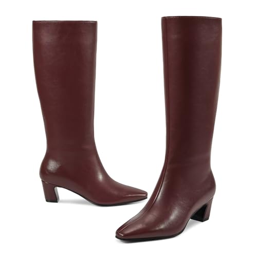 ISNOM Black Knee High Boots Women with Side Zipper Womens Tall Chunky Boots Low Heeled Pointed Toe, Black Knee High Long Boot for Fall Fashion Dress Party Wedding PU Leather2