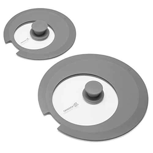 Loreso Silicone Glass Lid For Pots & Pans, Grey Pack Of Two - Universal Lid For Pots Pans & Skillet 6 To 11 Inches With Removable Side Handle, Tempered Glass Lid With Side Handle Cut, Food Safe Silicone, Cool Touch Handle And Dishwasher Safe #TOP4