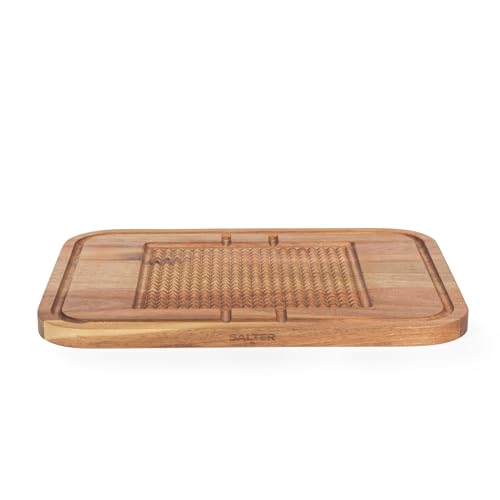 Salter Acacia Tranchierbrett – 100% FSC, 39,5x30x1,9cm, Fleischablage, Strukturierter Griff, Äußerer Rille, Geöltes Finish, Stark/Langlebig, Schützt Küchenarbeitsplatten, Fleischtranchieren