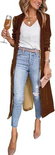 Design: questo cappotto kimono in velluto con maniche lunghe, davanti aperto, maxi lunghezza, colletto con risvolto, design slim fit, tinta unita e due tasche laterali. La giacca lunga da donna è un cappotto di velluto semplice, chic e delizioso per le donne.