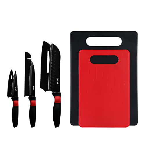 hecef 5 PCS Knife Set with Board 3 Kitchen Knives & 2 Chopping Boards Non-Stick Black Knife Set with Sharpener Cover, Cutting Boards and Chef Knives for Slicing & Dicing