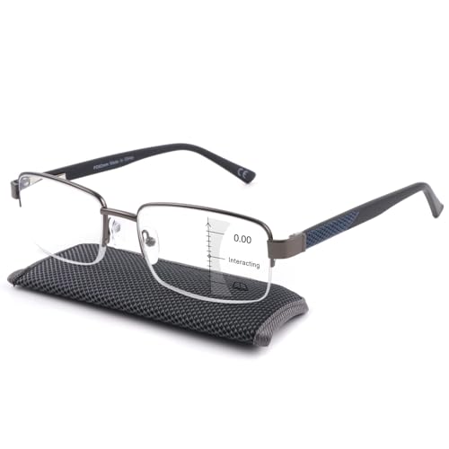 Missfive Mens Premium Multifocus Reading Glasses 0 Power on Top Center, Blue Light Blocking Far/Mid/Near Progressive Multifocal Readers Metal Frame With No Broken Spring Hinge, 1.5 D