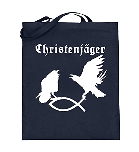 Sac en jute bleu Chasseur de chrétiens pour vos balades avec le motif corbeau d'Odin