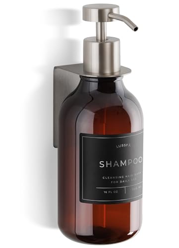 Shower Shampoo Dispenser Wall Mounted – Refillable 16.9 oz Amber Bottle with Stainless Steel Pump & No-Drill Adhesive Holder – Soap Dispenser for Bathroom (1 X Amber/Silver) - image 1