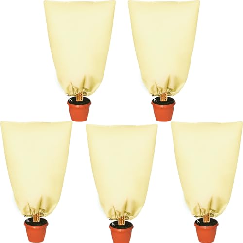 UOIENRT 5 Pack Plant Covers Freeze Protection, 24 x 31 in Plant Frost Protection Bags with Drawstring for Plants Tree from Severe Cold & Frost(Beige)