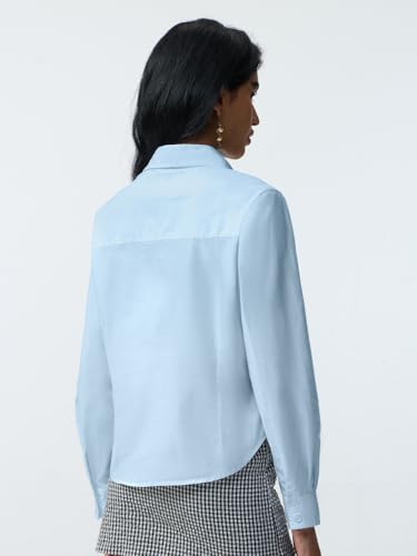 Image of The Souled Store Classic Solids: Baby Blue Women and Girls Full Length Collared Light Blue Solid 100% Cotton Regular Fit Breathable Lightweight Comfortable All-Season Everyday Shirt