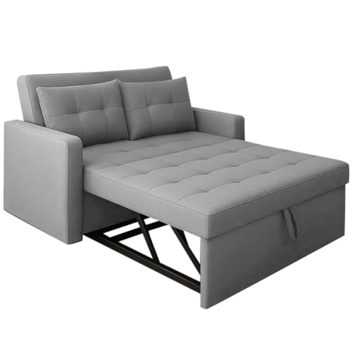 Image of FURNY Tressa 2 Seater Pull-Out Premium Fabric Sofa Cum Bed Sofa Set for Living Room (Light Grey Fabric) with Velvet Fabric