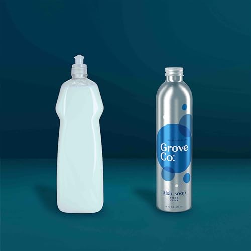 Image of Grove Co. Ultimate Dish Soap Refill Bundle, Free & Clear Unscented, 3-Pack of 16 oz Aluminum Bottles with Reusable Glass Soap Dispenser, Plant-Based Grease-Cutting Formula