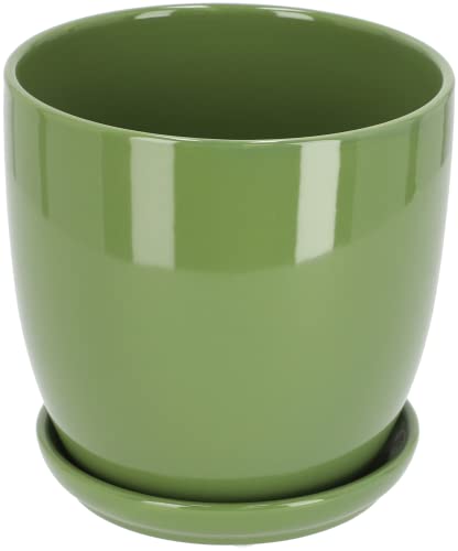 KOTARBAU® Macetero con Plato de Ceramica esmaltada, 15 cm, Maceta para Interiores y Exteriores, Tiesto Decorativo para Plantas, Verde, con Plato y Orificio de Drenaje
