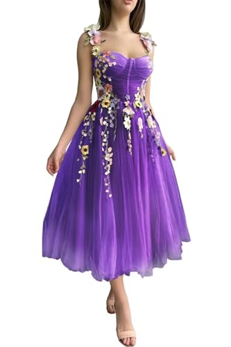 Women's 3D Flower Embroidery Applique Prom Dress Spaghetti Straps Tulle Drawstring Puffy Formal Wedding Guest Gowns
