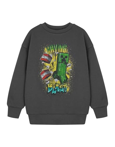 Minecraft Creeper Boys' Streetwear Long Sleeve Sweatshirt | Grey Cartoon Graphic Tee | Fun Explosive Theme for Casual Wear