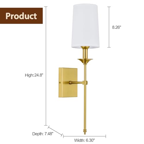 Image of Gold Wall Sconce Set of 2,Hardwired Bathroom Vanity Light Fixture with White Fabric Shade,Gold Sconce for Living Room Dining Room Fireplace Mantel