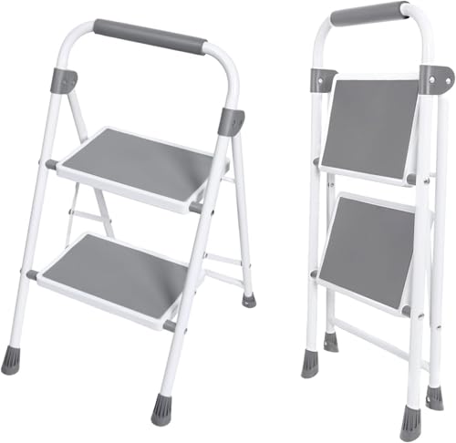 Simple Deluxe 2 Step Ladder, Portable Stool with Wide Non-Slip Pedal, Foldable Step Stool Lightweight for Home Kitchen and Outdoor, Gray