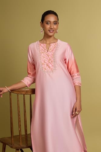 Image of Taneira Women Light Pink Pure Silk Cotton Embroidered Kurta (KUAK19LPXL-Light Pink-XL)