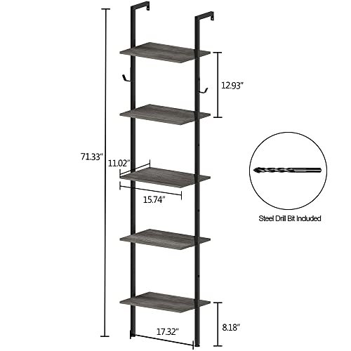 Tohomeor Retro Bookshelf Wall Mounted 5-Tiers Ladder Shelf Dark Grey Narrow Thin Bookshelf Farm House Open Display Storage Rack For Living Room Bedroom Home Office #TOP2